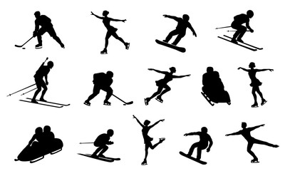 Obraz premium Big set of black flat silhouettes of winter sport disciplines. Ice skating, alpine skiing, hockey, bobsleigh, snowboard poses. Athlete shapes, sport figures isolated on transparent background