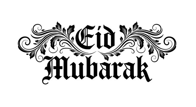 Eid Mubarak greeting card with flourishes and blackletter script in vector format