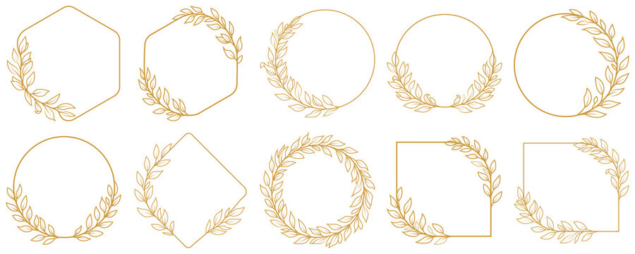 Boho Hand drawn line wedding herb, leaves for invitation save the date card. Golden vintage set includes decorative paper frames, text boxes and scrolling floral borders. Vector illustration.