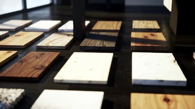 Variety of wood and stone samples arranged on a dark wooden floor, showcasing textures.