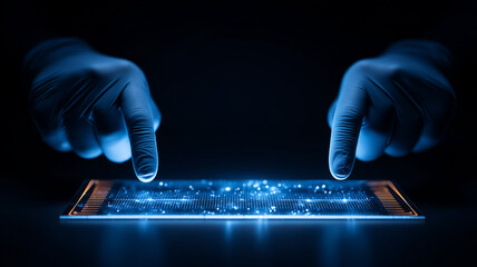 Gloved hands interacting with a digital interface representing biometric identification, secure authentication and data verification.
