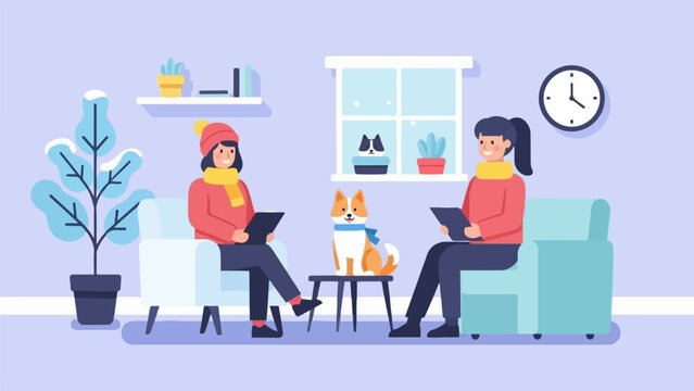 Cozy winter scene with two people, a dog, and indoor plants