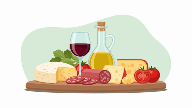 Delicious assortment of cheeses, cured meats, wine, and fresh produce