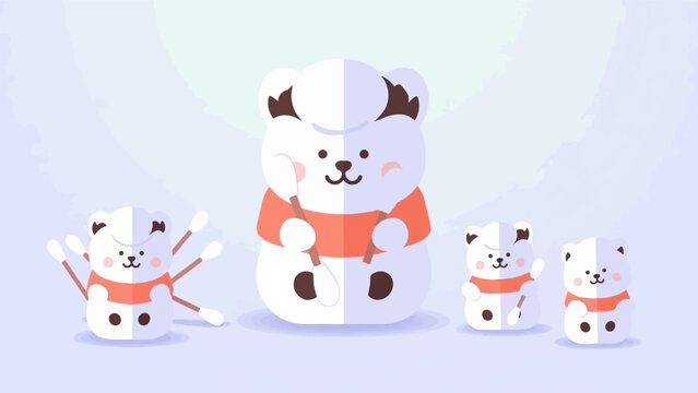 Cute cartoon polar bears in winter attire with cotton swabs
