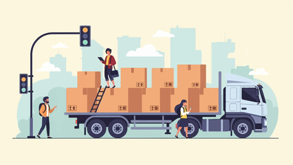 Fototapeta premium Delivery truck loaded with boxes, traffic light, and people