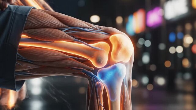 Detailed animated depiction of human joint structure and biomechanics in a city nightscape setting