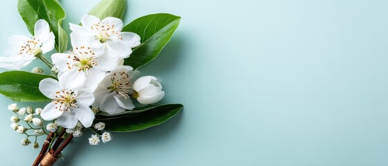 Obraz premium Spring apple blossoms are arranged on a light green background, providing space for text and design elements in a banner