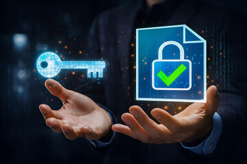 Hands holding a glowing key and a locked document with a checkmark