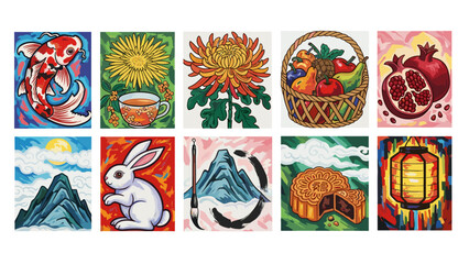 Obraz premium Collection of colorful traditional asian and lunar festival symbols