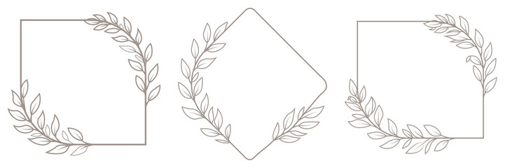 Fototapeta premium Trendy greenery elements in line art style. For label, corporate identity, wedding invitation, card. Logo templates with hand drawn silhouettes of branches, flowers and leaves. Wreath in line art.