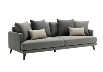 Illustration of modern grey fabric sofa with pillows isolated on transparent background