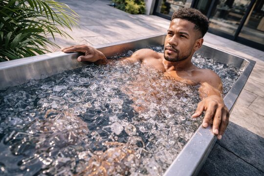 Focused athlete sitting in cold ice bath on sunny outdoor patio