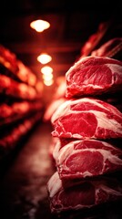 Fresh Cuts of Red Meat Stacked in a Butcher Shop