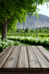 Naklejka premium Wooden table vineyard spring valley mountain green outdoor nature landscape tree. Wooden table spring vineyard valley with mountain view green