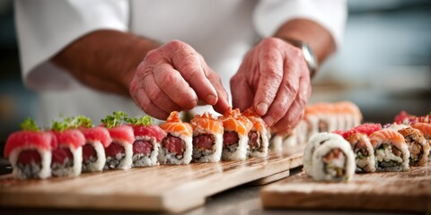 Skilled Chef Preparing Sushi with Fresh Ingredients