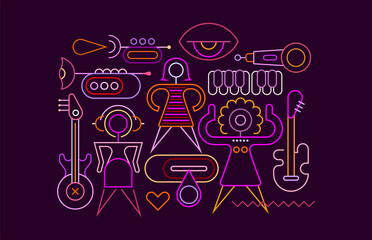 Neon colors isolated on a dark background Three Women Are Having Fun At Karaoke graphic illustration. Line art design with dancing people and musical instruments.