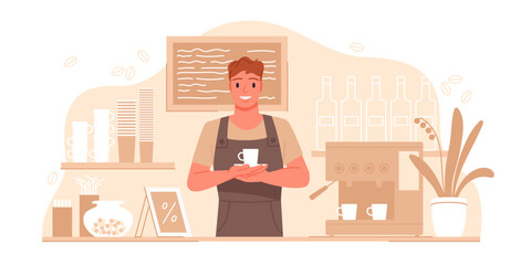 Young male barista stands behind coffee shop counter holding a cup, surrounded by coffee machine, cups, and decor, isolated on white background vector illustration © Natalia