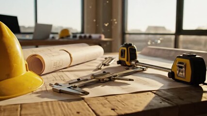 Construction Safety Equipment and Blueprints Setup with Tools and Hard Hat on Wooden Desk