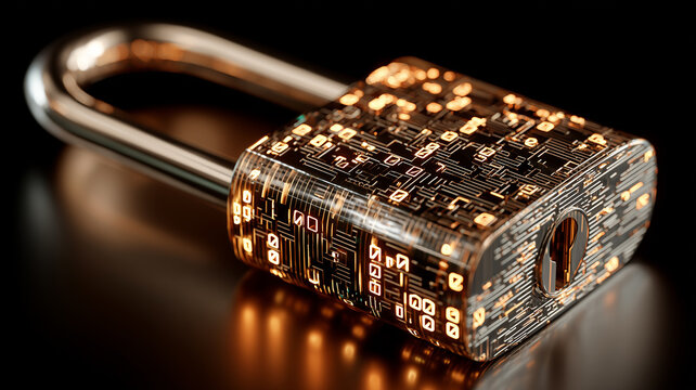 Metal padlock with glowing circuit patterns representing encrypted data protection and advanced cybersecurity for digital systems.
