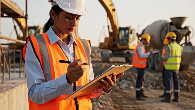 Construction Site Inspection with Female Engineer Taking Notes and Supervising Heavy Machinery Operations
