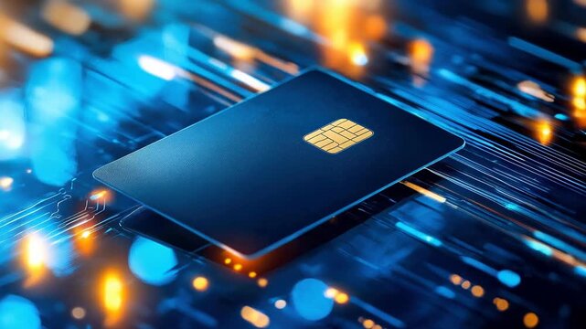Blue credit card chip on digital circuit board glowing lights technology futuristic design finance concept innovation