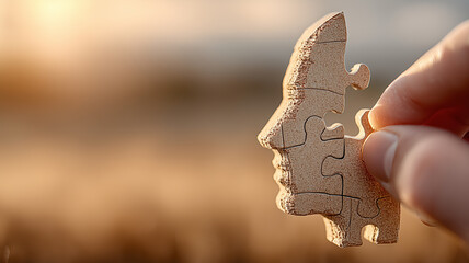 Hand holding a wooden head puzzle piece symbolizing mental health awareness and human psychology.