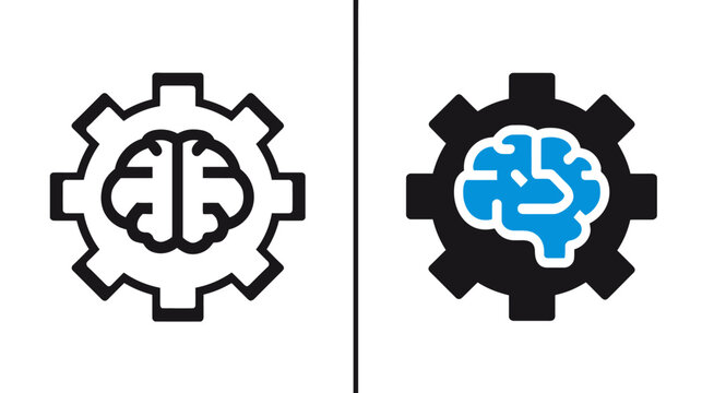 A side-by-side comparison of two gear and brain icons. One is black and white, the other is blue and black