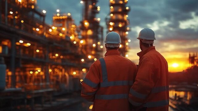 Sunset at the Refinery: Two industry professionals, clad in safety attire, observe a sprawling refinery under a vibrant sunset sky.