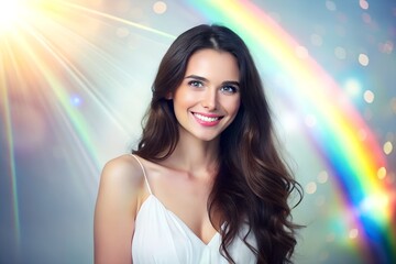 radiant female beauty portrait with rainbow light glow smiling expression and dreamy cinematic photography