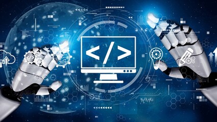 Modern web development concept featuring coding symbols, web development process, web development interface, and web development tools with futuristic design. Muxer