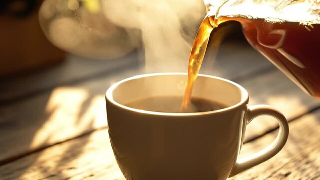 cup of hot tea with cinnamon pouring into mug