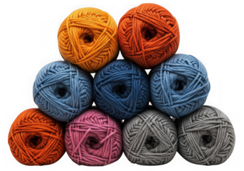 Illustration of colorful yarn balls stacked in a pyramid isolated on transparent background