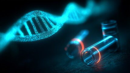 Luminous DNA helix with glass test tubes symbolizing genetics research and laboratory biotechnology.
