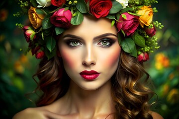 fantasy floral beauty portrait with rose crown vibrant makeup and cinematic fairytale photography