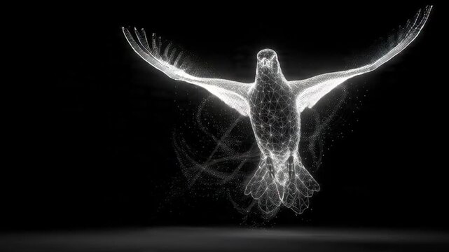 White Dove Silhouette with Glowing Lines Flying Against Dark Background