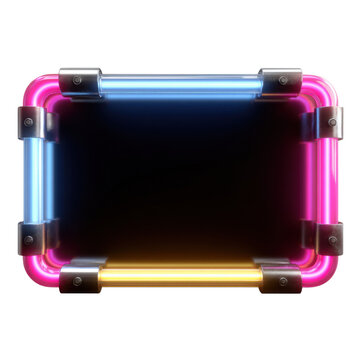 Colorful neon frame with blue, pink, and yellow tubes on black background