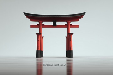 Photorealistic render of a red torii gate in water for National Foundation Day celebration in Japan