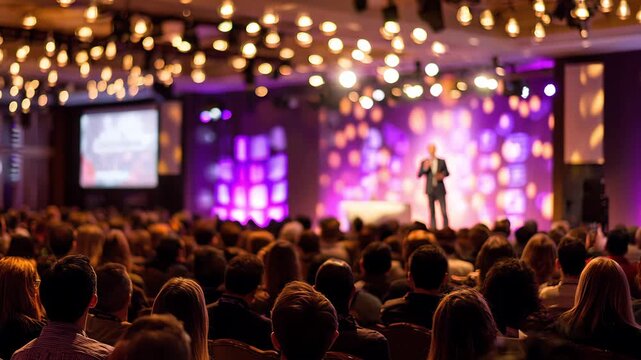 A view from behind a large audience watching a speaker on a brightly lit stage