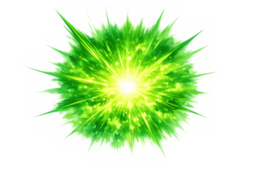 Green energy explosion creating glowing light burst with sparks, radiating power and dynamic effect, transparent background