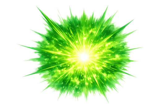 Green energy explosion creating glowing light burst with sparks, radiating power and dynamic effect, transparent background