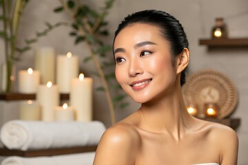 asian woman spa wellness portrait with glowing skin candles and relaxing luxury atmosphere