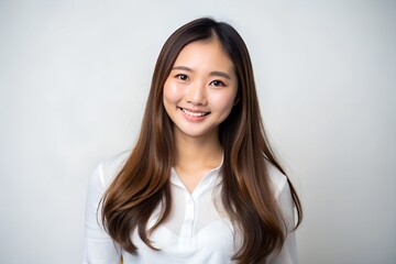 smiling asian woman portrait with natural makeup clean white background and professional studio photography