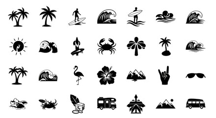 Tropical Island Lifestyle Icons: Summer Beach and Surfing Vector Graphics
