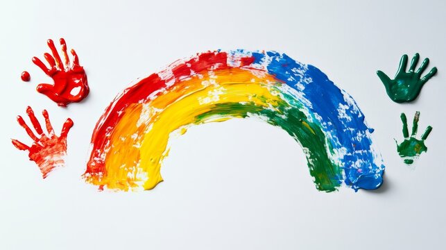 Child's finger painting of a rainbow arch colors slightly mixed