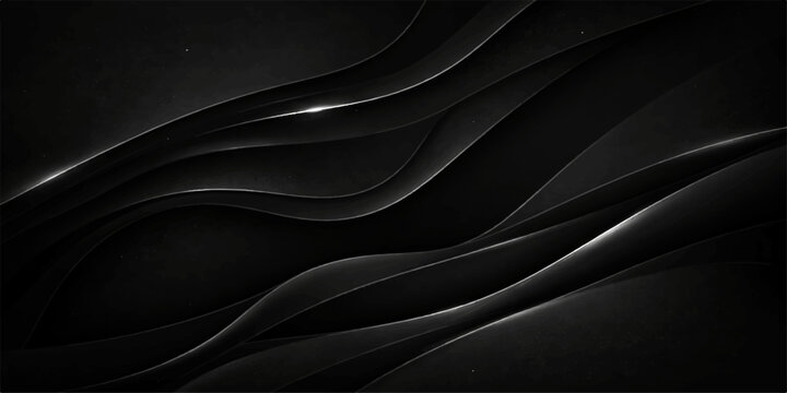 Elegant black silk and satin fabric texture with smooth dark waves and shiny curves creates a luxury textile backdrop for fashion decoration