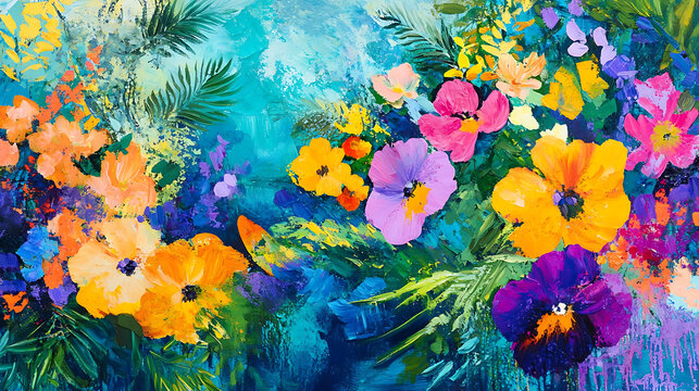 Vibrant Watercolor Flowers with Blue Background