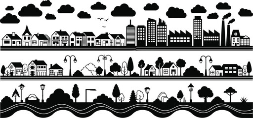 Black and white cityscape with suburban houses and industrial buildings skyline