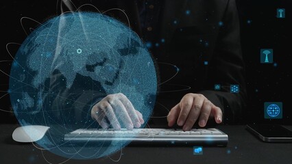 Explore a striking visual of global connectivity featuring hands on a keyboard, symbolizing communication and data exchange in a digital environment. Cipher