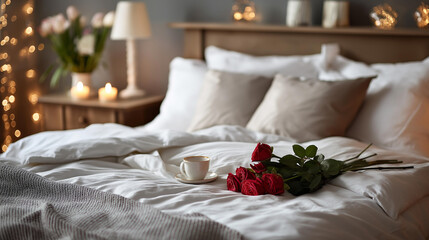 White bed for couples in romantic atmosphere, warm and cozy bedroom, love Valentine concept, intimate setting, comfortable bedding, relationship celebration, soft lighting mood,