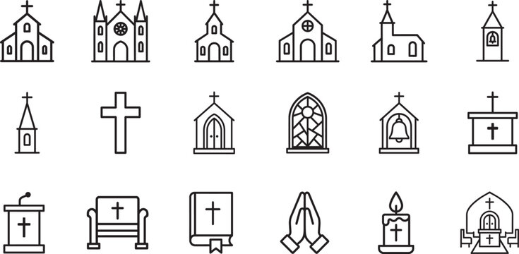 Church icon set in clean vector EPS style, ideal for religion, worship, architecture, apps, web, UI
